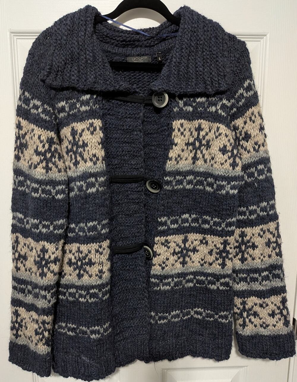 GioGio Italy Blue Gray Snowflake Nordic Fair Isle Chunky Knit Cardigan Sweater L